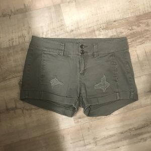 Express distressed army green shorts